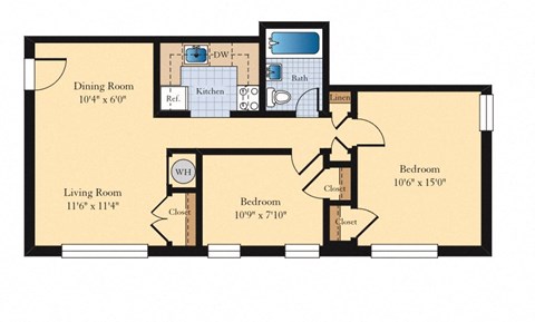 Floor plan for 2 beds, 1 bath, 625 sqft